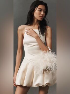 Sleeveless Cream Satin Party Dress with Feather Detail
